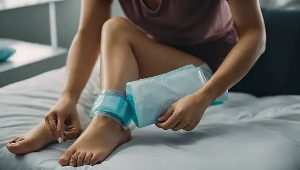 a woman applying an ice pack onto her ankle to treat blood blisters